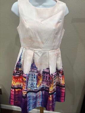 STYLEWE Pink Fit-and-Flare Dress with multi color city scape design.